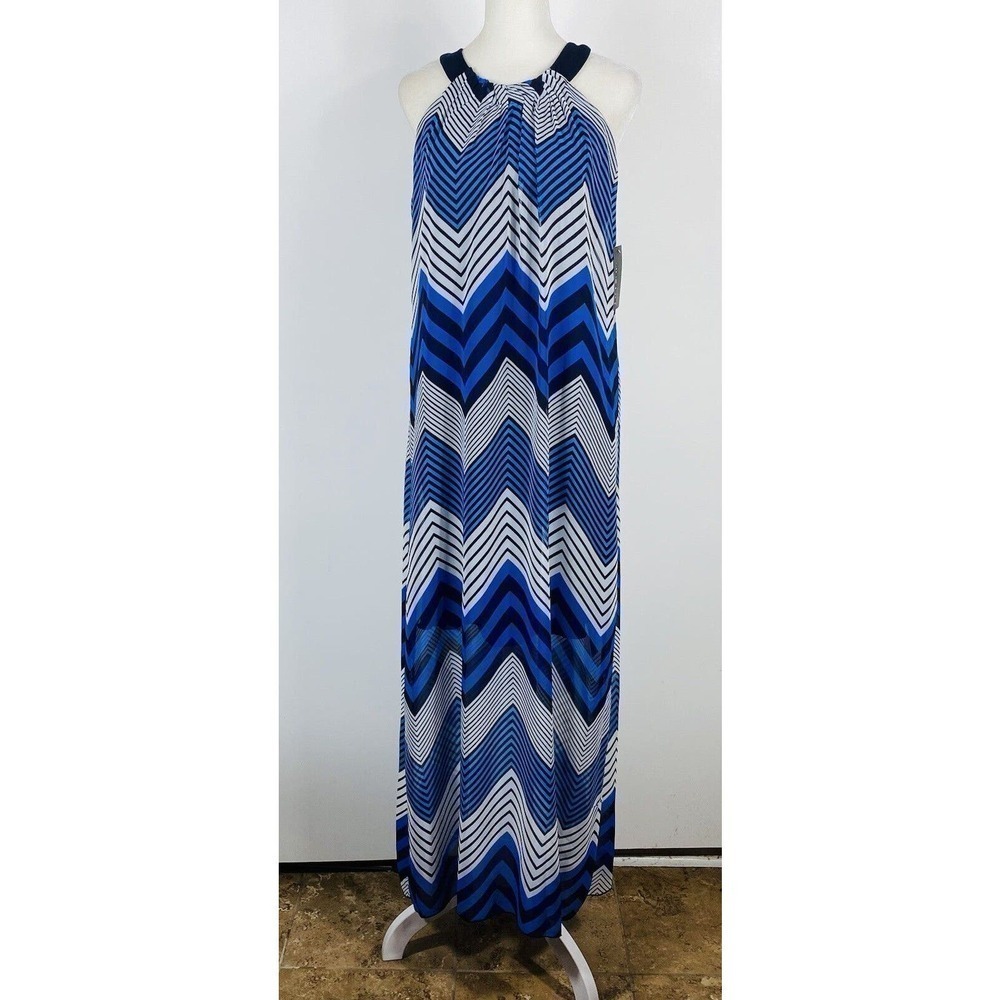 Enfocus Studio Sz 4 Chevron Print Halter Neck Sleeveless Dress Blue Black White